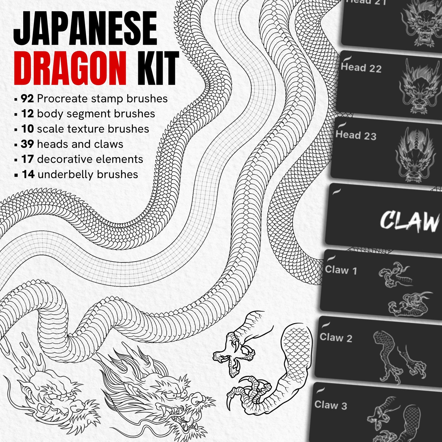 Japanese Dragon Kit with 92 Procreate stamp brushes featuring dragon heads, bodies, scales, claws and details
