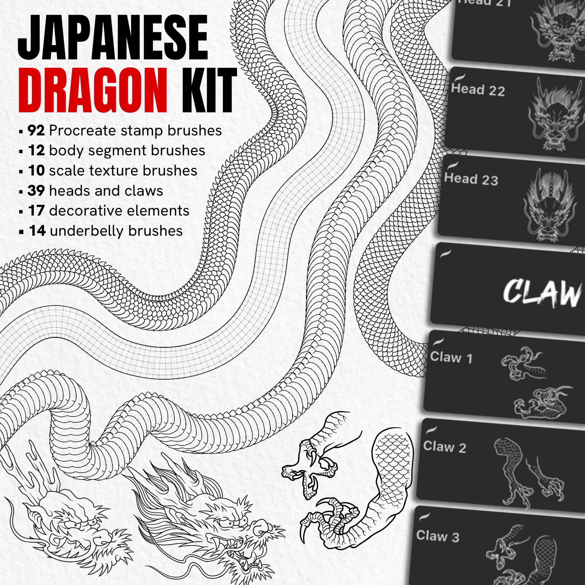 Japanese Dragon Kit with 92 Procreate stamp brushes featuring dragon heads, bodies, scales, claws and details