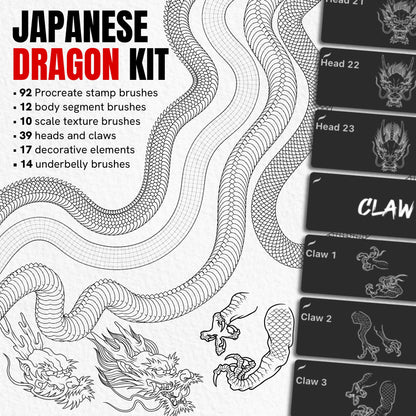 Japanese Dragon Kit with 92 Procreate stamp brushes featuring dragon heads, bodies, scales, claws and details