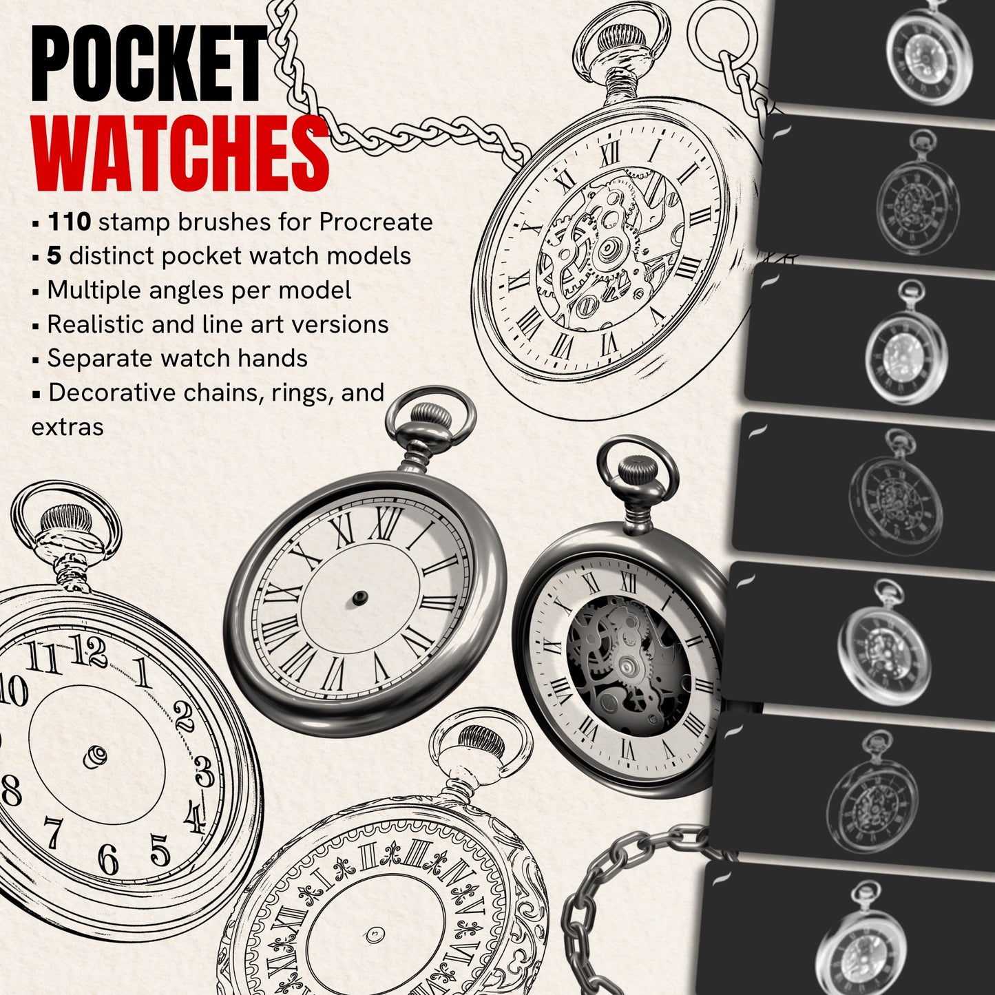 Pocket Watches pack — 110 Procreate stamp brushes of vintage pocket watches in realistic and line art styles