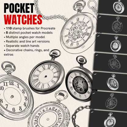 Pocket Watches pack — 110 Procreate stamp brushes of vintage pocket watches in realistic and line art styles