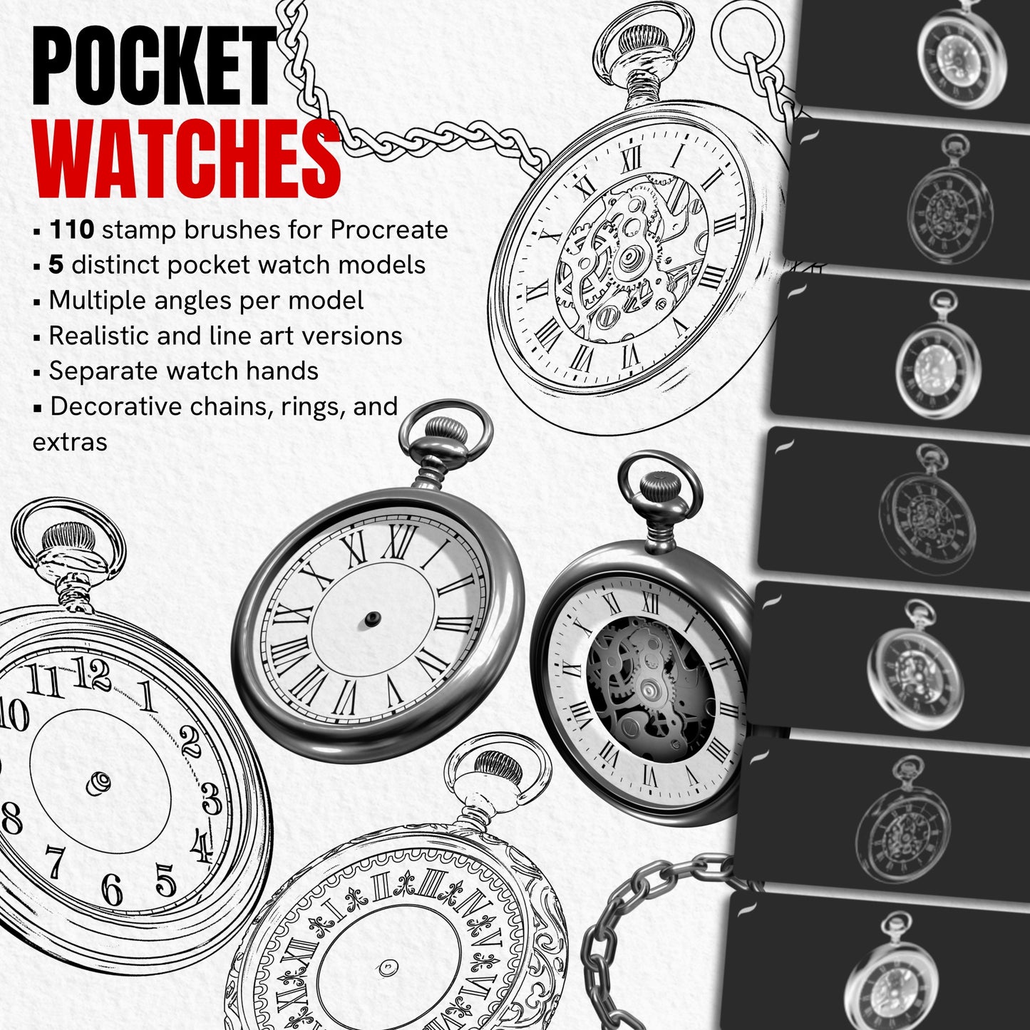 Pocket Watches pack with 110 Procreate stamp brushes featuring five vintage watches, hands, chains and angles