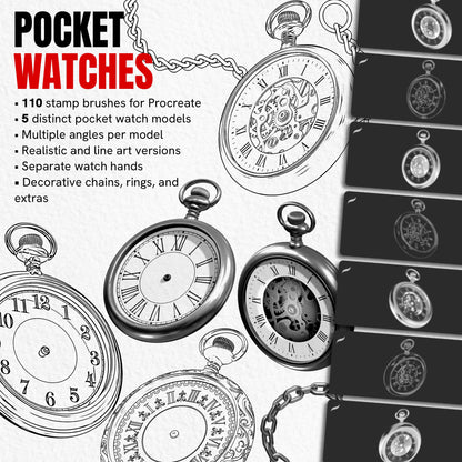 Pocket Watches pack with 110 Procreate stamp brushes featuring five vintage watches, hands, chains and angles