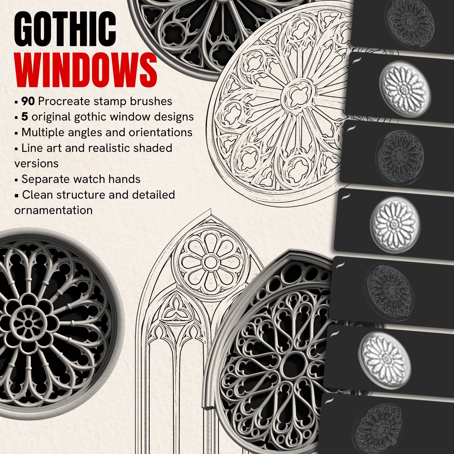 Gothic Windows pack — 90 Procreate stamp brushes of gothic rose windows in line art and realistic shading