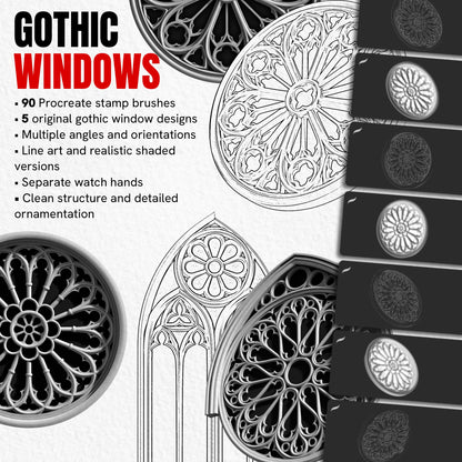 Gothic Windows pack with 90 Procreate stamp brushes featuring five ornate windows in realistic and line art styles