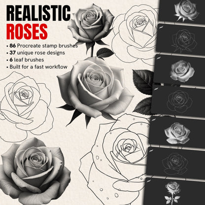Realistic Roses pack — 86 Procreate stamp brushes with 37 rose designs and leaves, realistic and line art
