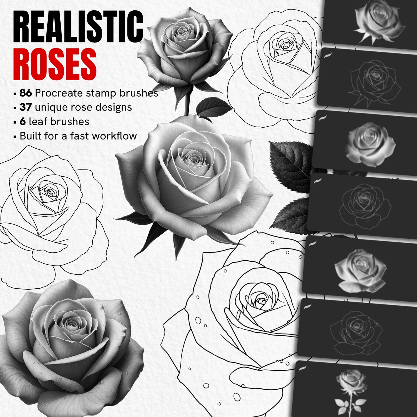 Realistic Roses pack with 86 Procreate stamp brushes featuring shaded and line art roses plus leaves