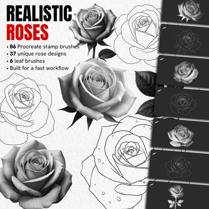 Realistic Roses pack with 86 Procreate stamp brushes featuring shaded and line art roses plus leaves