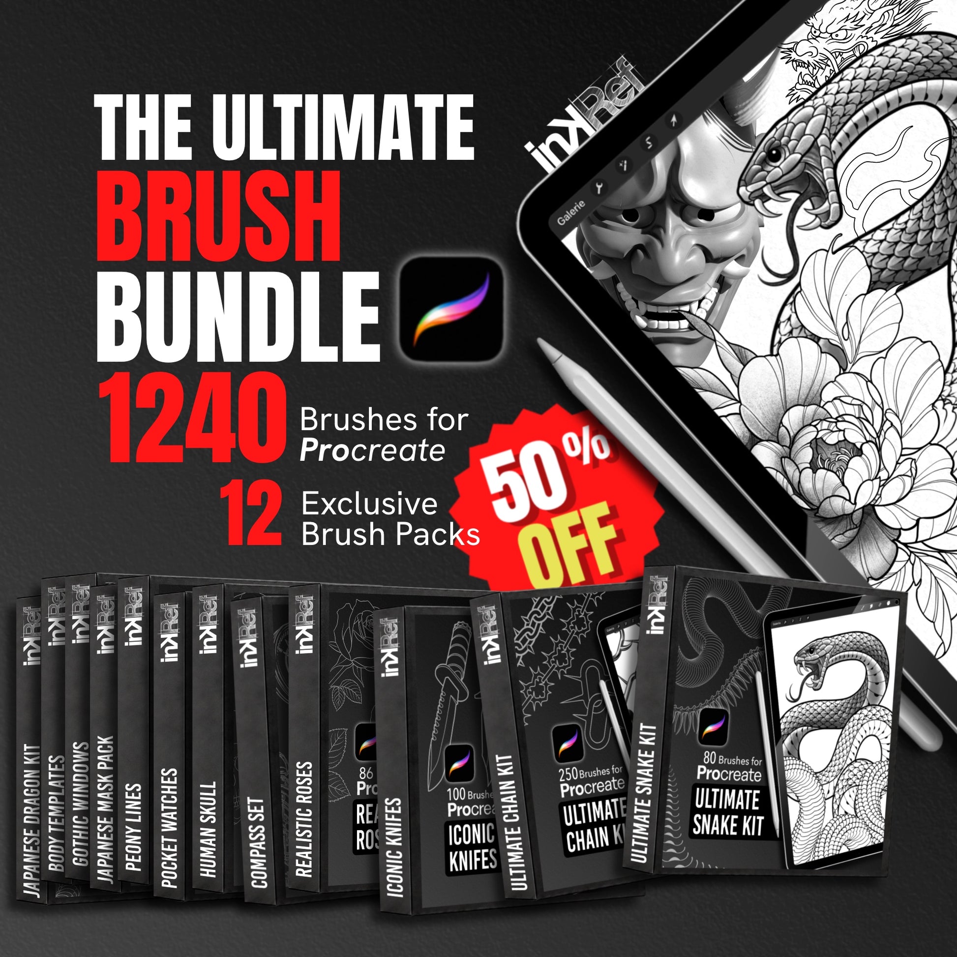 Ultimate Procreate Brush Bundle with 1,240 tattoo brushes across 12 packs for tattoo artists
