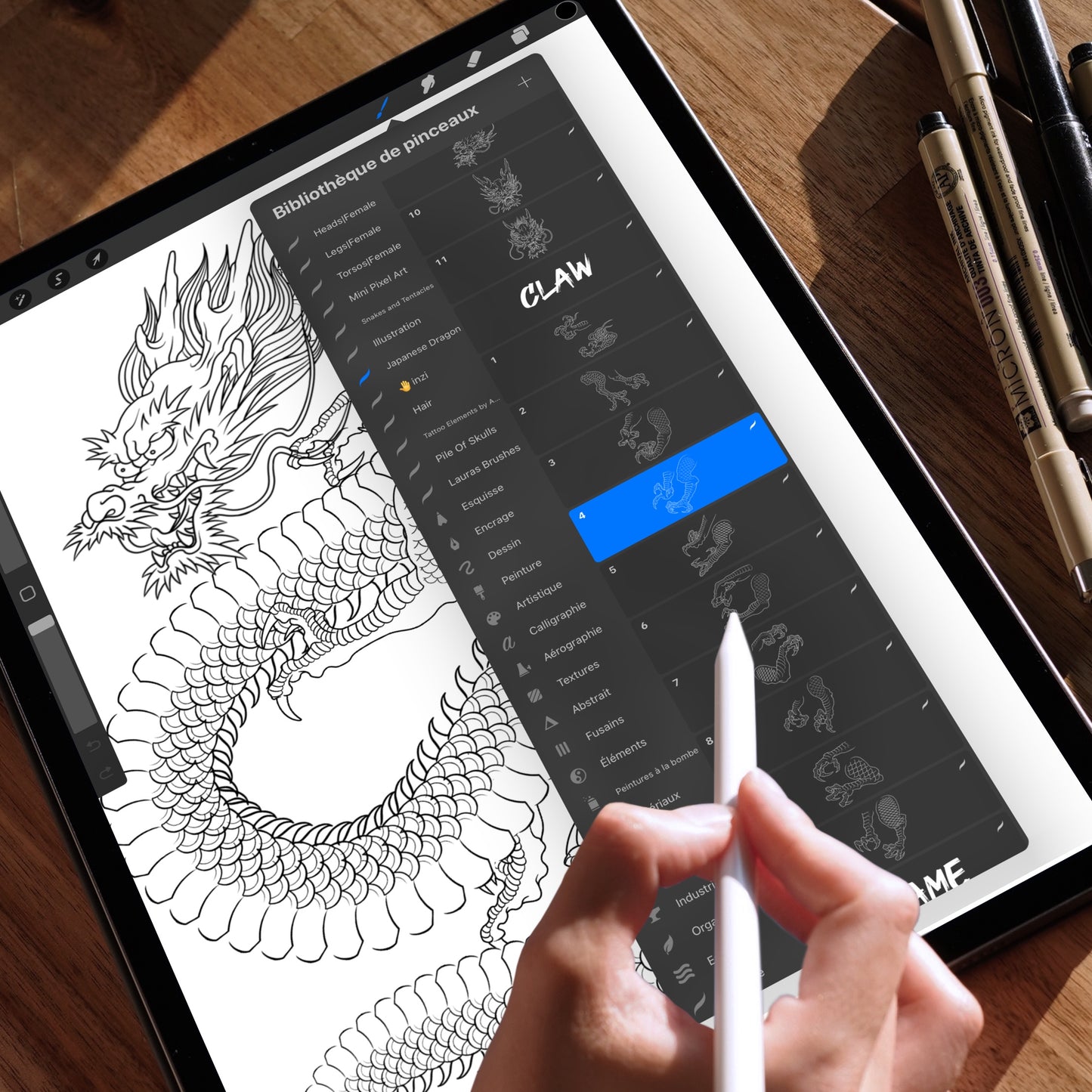 Procreate Dragon Brushset, realistic Japanese dragon design on iPad screen, tattoo drawing in progress, ideal tool for digital tattoo artists and illustrators