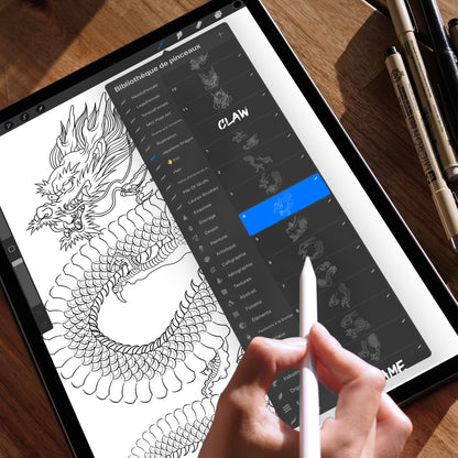 Procreate Dragon Brushset, realistic Japanese dragon design on iPad screen, tattoo drawing in progress, ideal tool for digital tattoo artists and illustrators