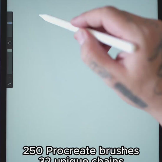 Video demonstration of the Ultimate Chain Kit for Procreate – showcasing 32 unique chain designs with 250 total brushes, including seamless pattern brushes and individual chain links in both realistic and line art styles, perfect for tattoo artists and illustrators.
