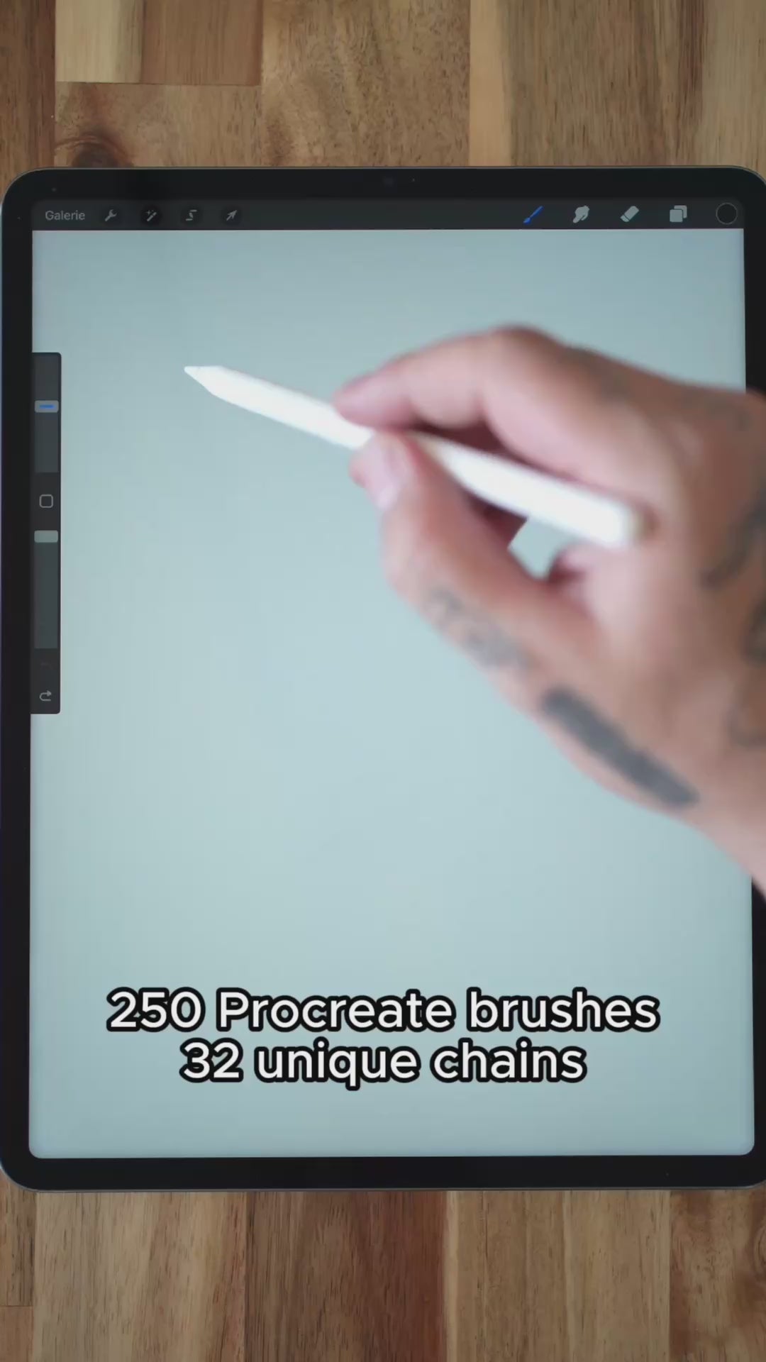 Video demonstration of the Ultimate Chain Kit for Procreate – showcasing 32 unique chain designs with 250 total brushes, including seamless pattern brushes and individual chain links in both realistic and line art styles, perfect for tattoo artists and illustrators.