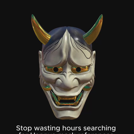 3D Hannya mask model in Procreate showing 360° rotation, adjustable lighting, custom paint options and easy export for Japanese tattoo design references.