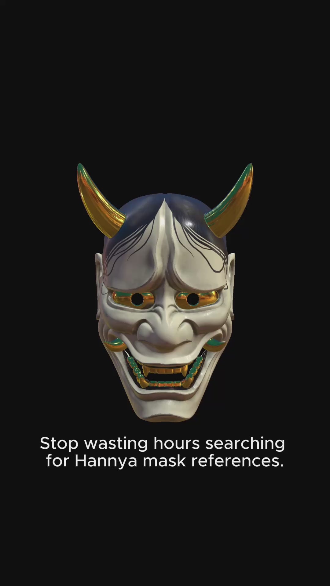 3D Hannya mask model in Procreate showing 360° rotation, adjustable lighting, custom paint options and easy export for Japanese tattoo design references.