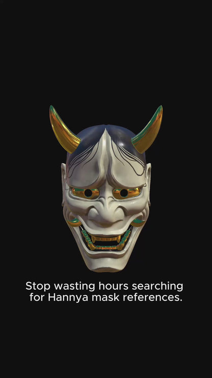 3D Hannya mask model in Procreate showing 360° rotation, adjustable lighting, custom paint options and easy export for Japanese tattoo design references.