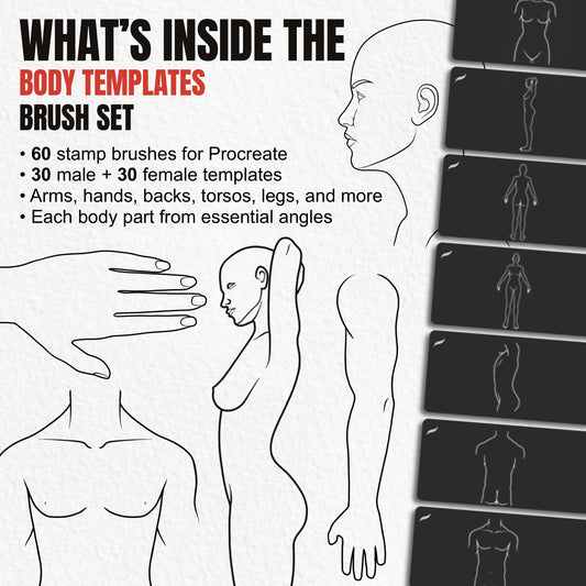 Overview of 60 Body Templates Procreate brushes with male and female anatomy poses