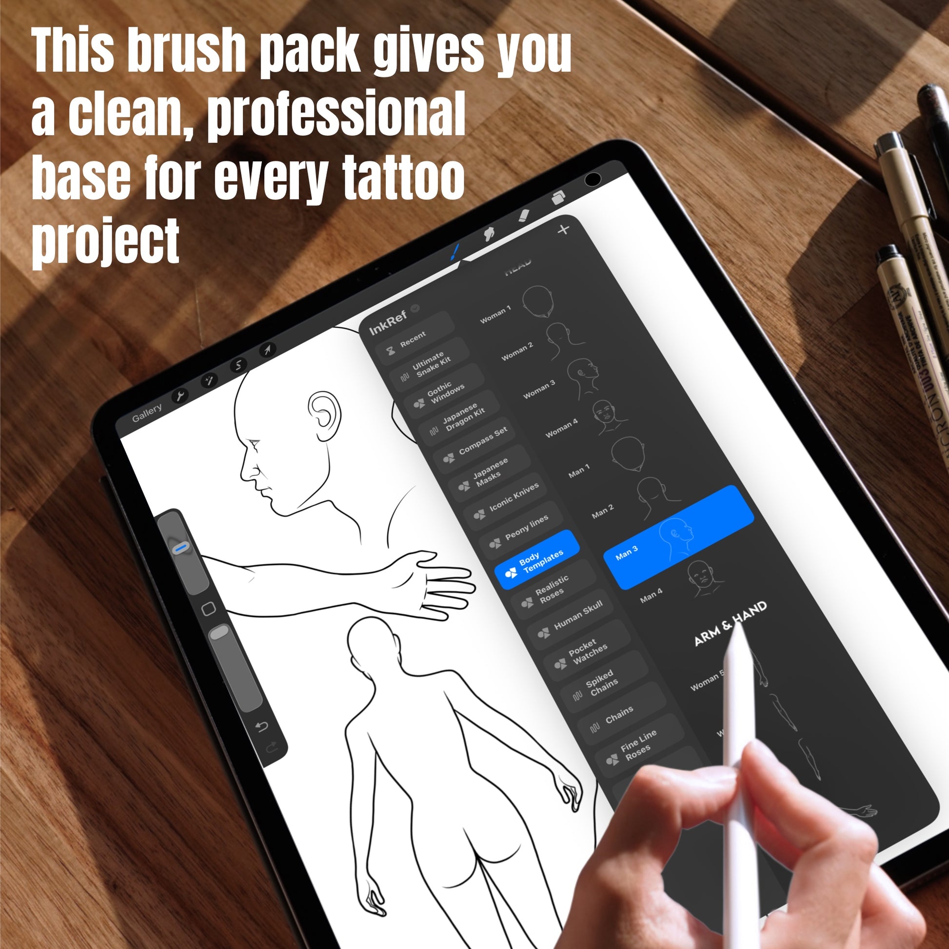 Male and female body templates in Procreate for tattoo planning and client mockups