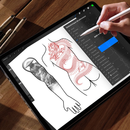 Using Procreate body template brush set on iPad – tattoo artist sketching design on female body outline