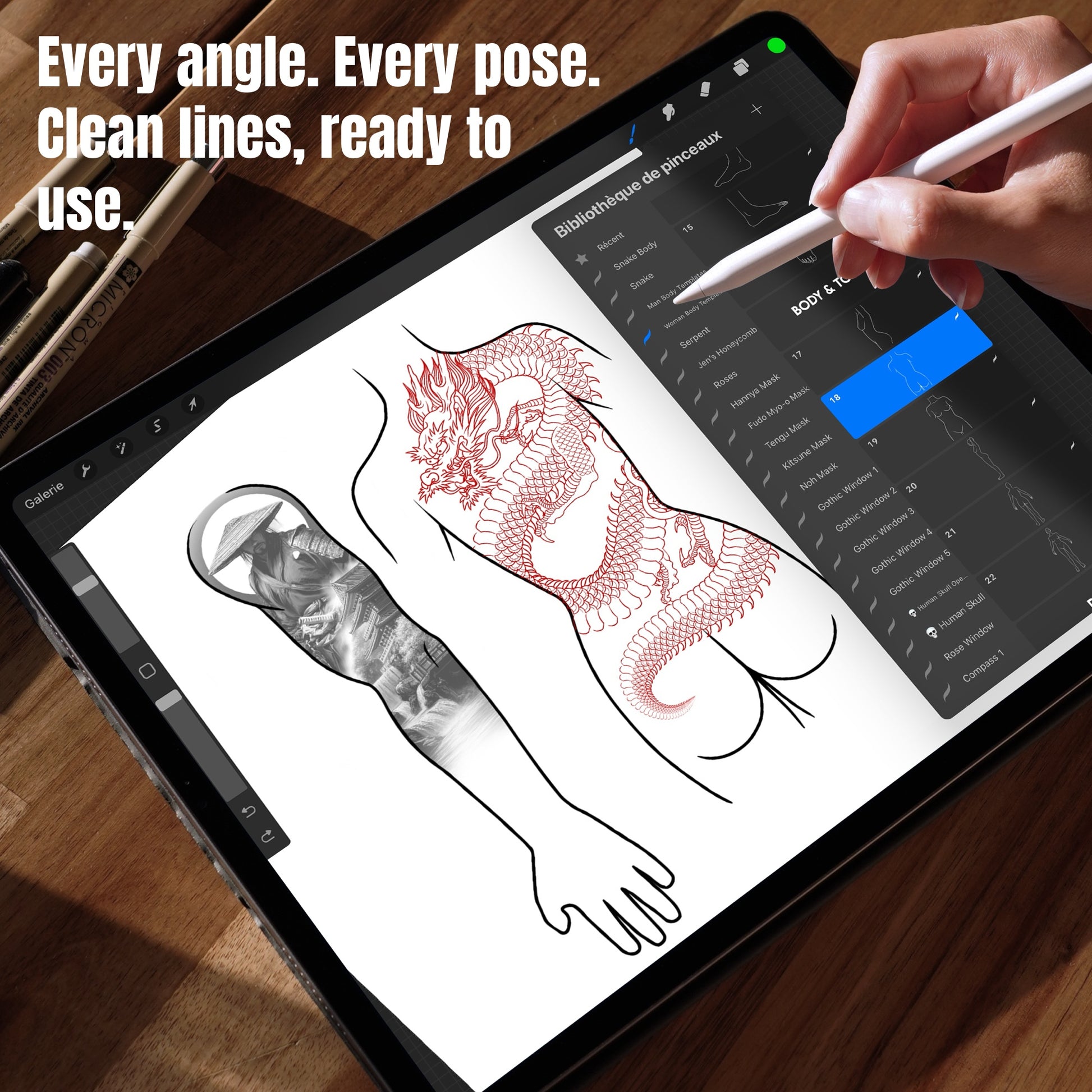 Arm body template in Procreate with tattoo designs placed from multiple angles