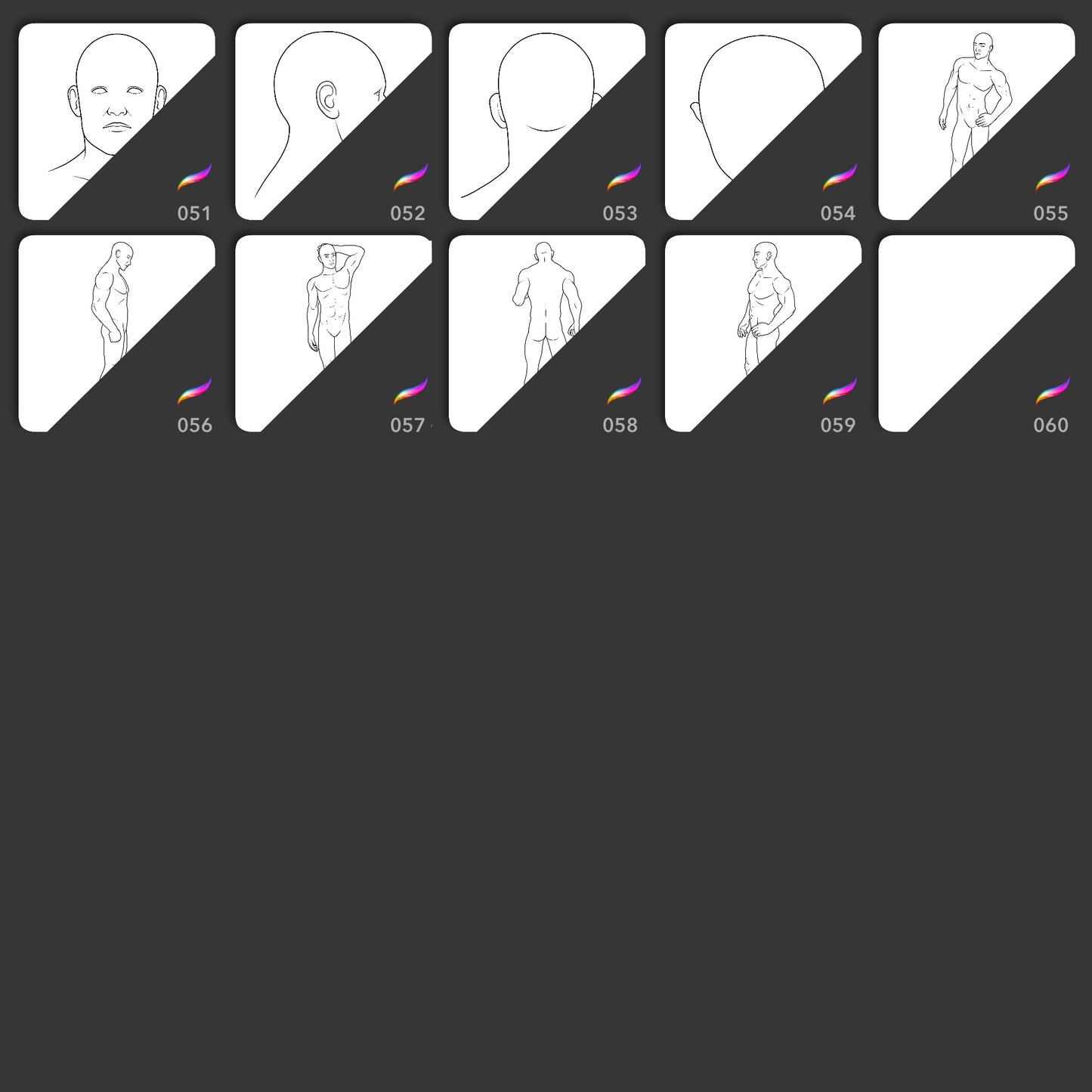 Procreate body template stamps with head angles and full male and female poses