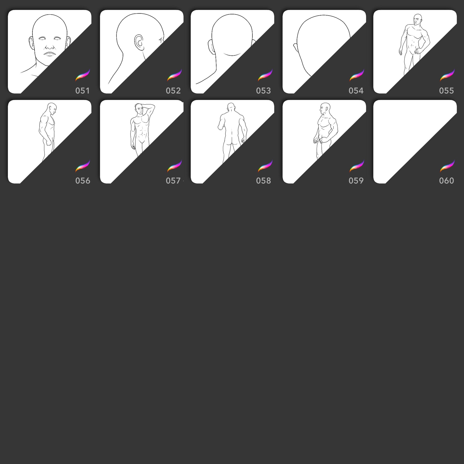 Procreate body template stamps with head angles and full male and female poses