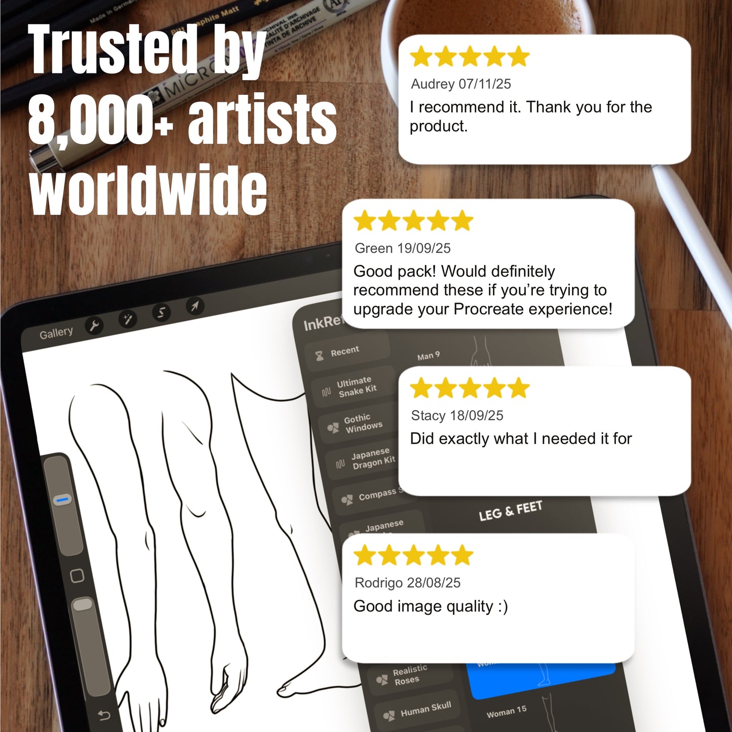 Customer reviews beside Procreate body templates for tattoo layout and planning