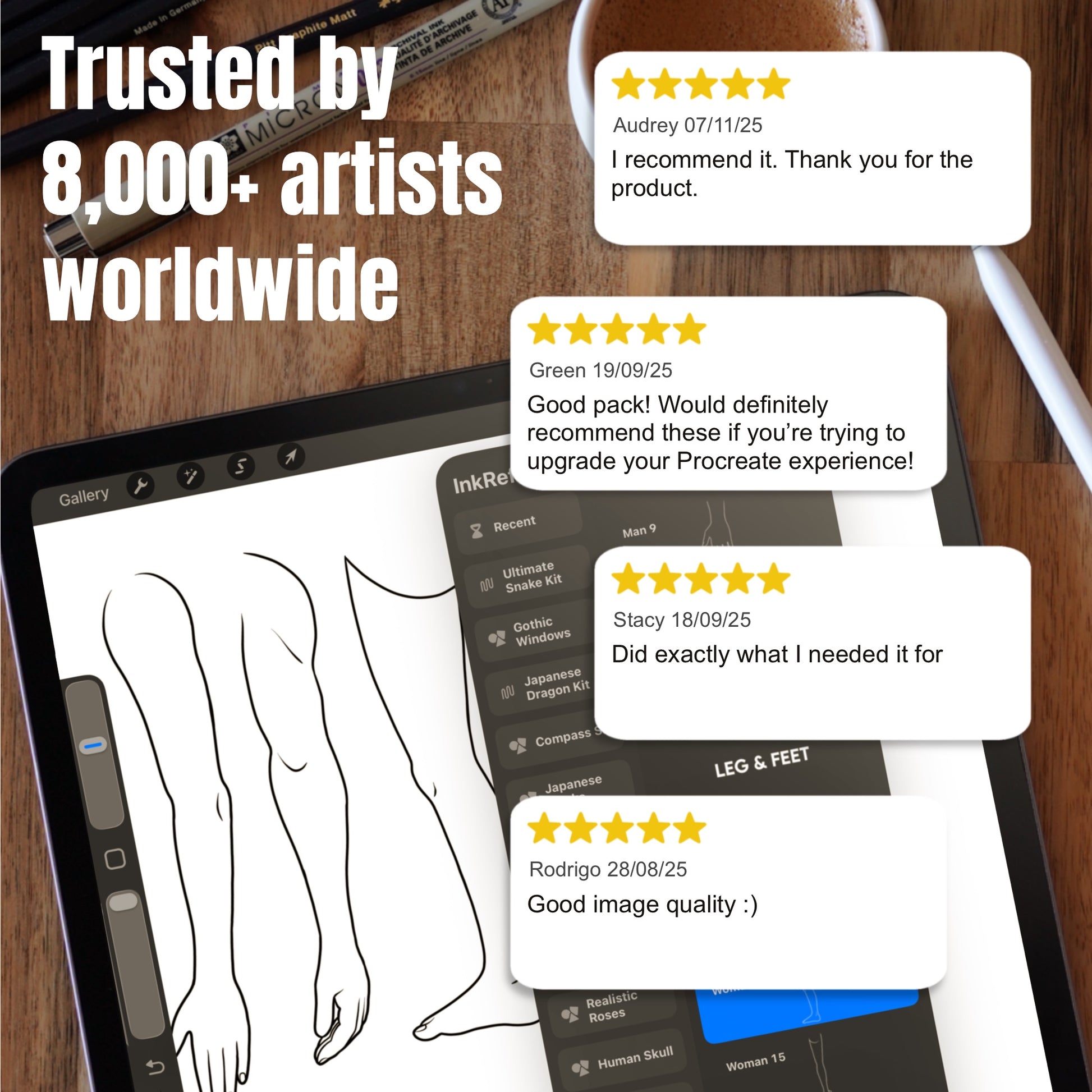 Customer reviews beside Procreate body templates for tattoo layout and planning