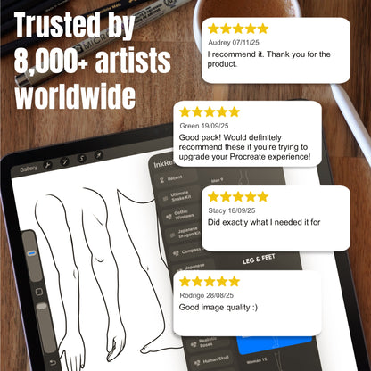 Customer reviews beside Procreate body templates for tattoo layout and planning