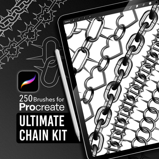 Procreate Ultimate Chain Kit presentation showing spiked and heart-shaped chains, with pattern brushes and individual links
