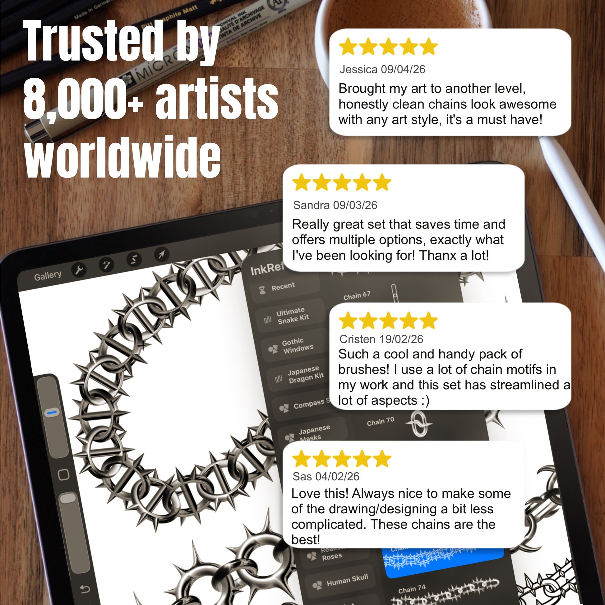 Customer reviews beside chain tattoo designs made with Procreate brushes