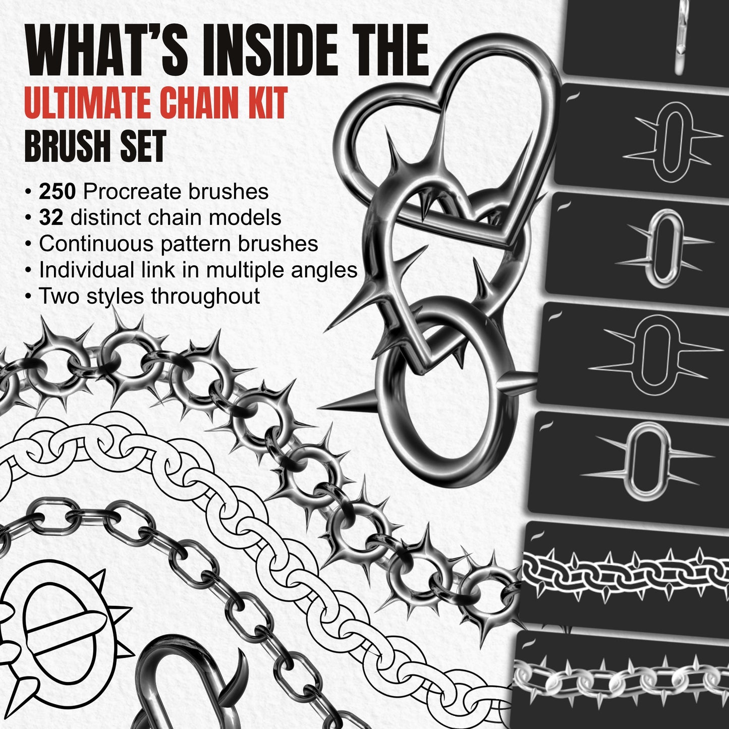 Overview of 250 Ultimate Chain Kit Procreate brushes with 32 chain models and two styles