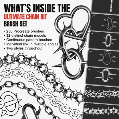 Overview of 250 Ultimate Chain Kit Procreate brushes with 32 chain models and two styles
