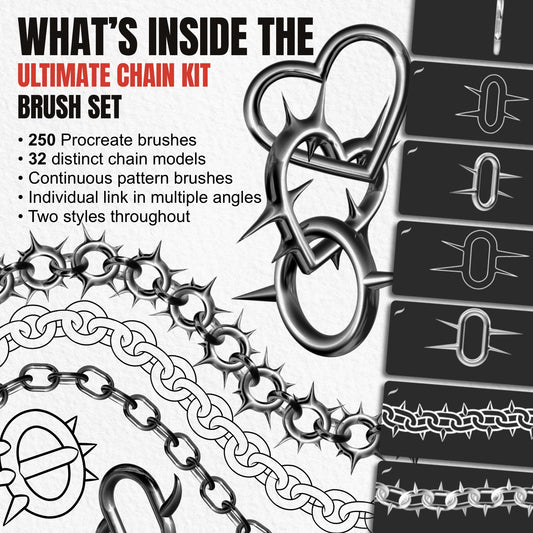 Overview of 250 Ultimate Chain Kit Procreate brushes with 32 chain models and two styles