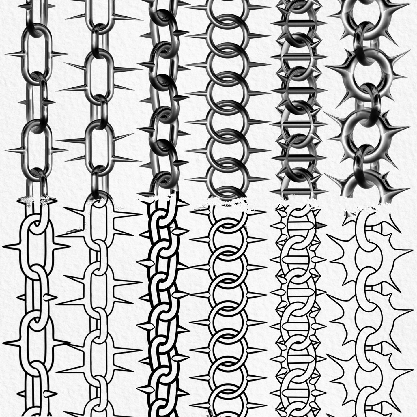 Spiked chain Procreate brushes in realistic shaded and line art styles