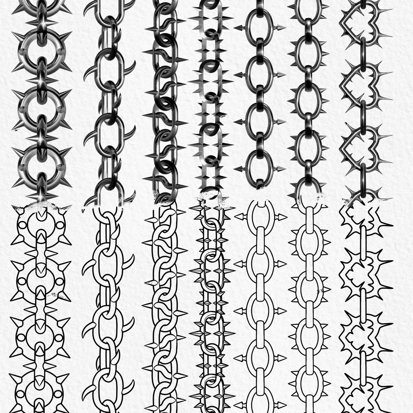 Spiked and oval chain Procreate brushes in realistic and line art styles