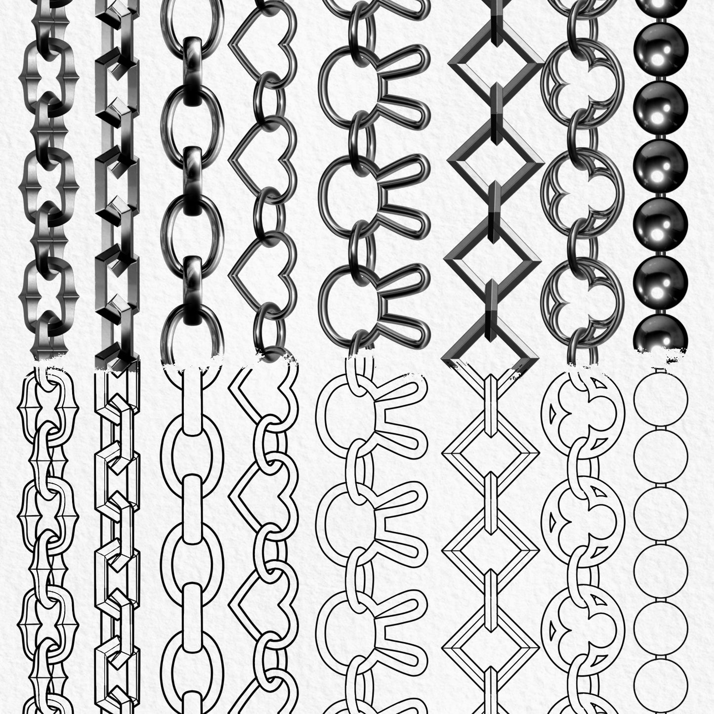 Geometric heart and round chain Procreate brushes in shaded and line art styles