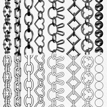 Geometric heart and round chain Procreate brushes in shaded and line art styles