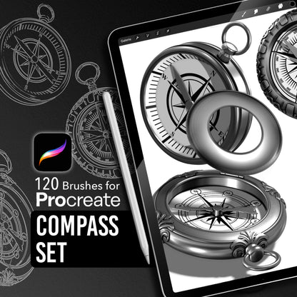 Compass Pack preview – 120 Procreate brushes including vintage compass designs, detailed line art and realistic shaded versions.