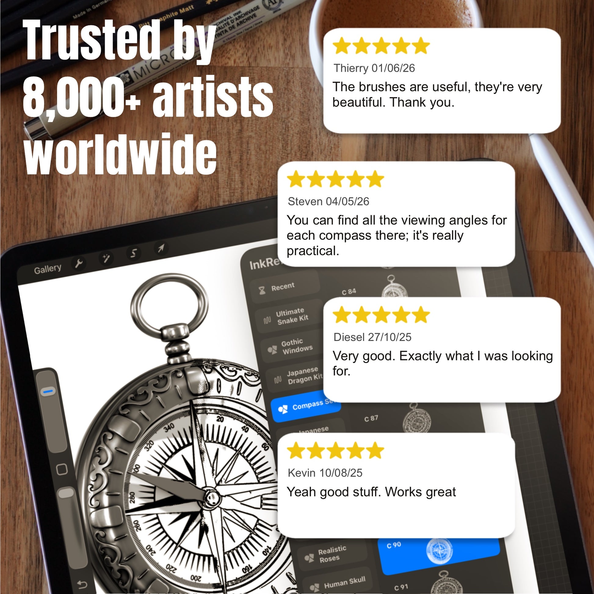 Customer reviews beside a vintage compass tattoo design made with Procreate brushes