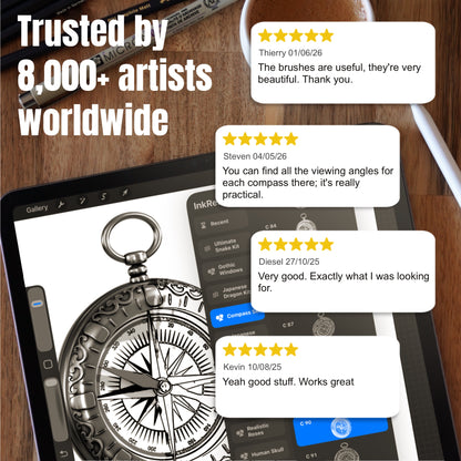 Customer reviews beside a vintage compass tattoo design made with Procreate brushes