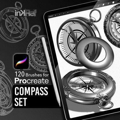 Compass Set with 120 Procreate stamp brushes for nautical and tattoo design