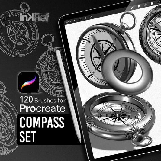 Compass Set with 120 Procreate stamp brushes for nautical and tattoo design