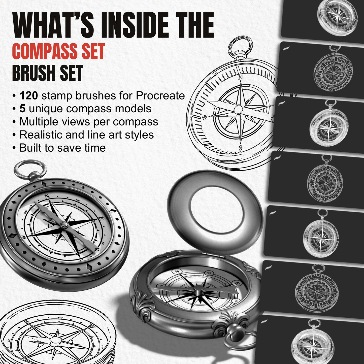 Overview of 120 Compass Set Procreate brushes with five models in realistic and line art styles