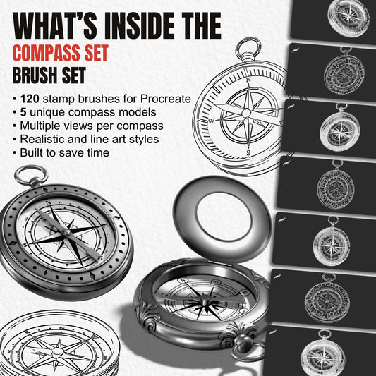 Overview of 120 Compass Set Procreate brushes with five models in realistic and line art styles
