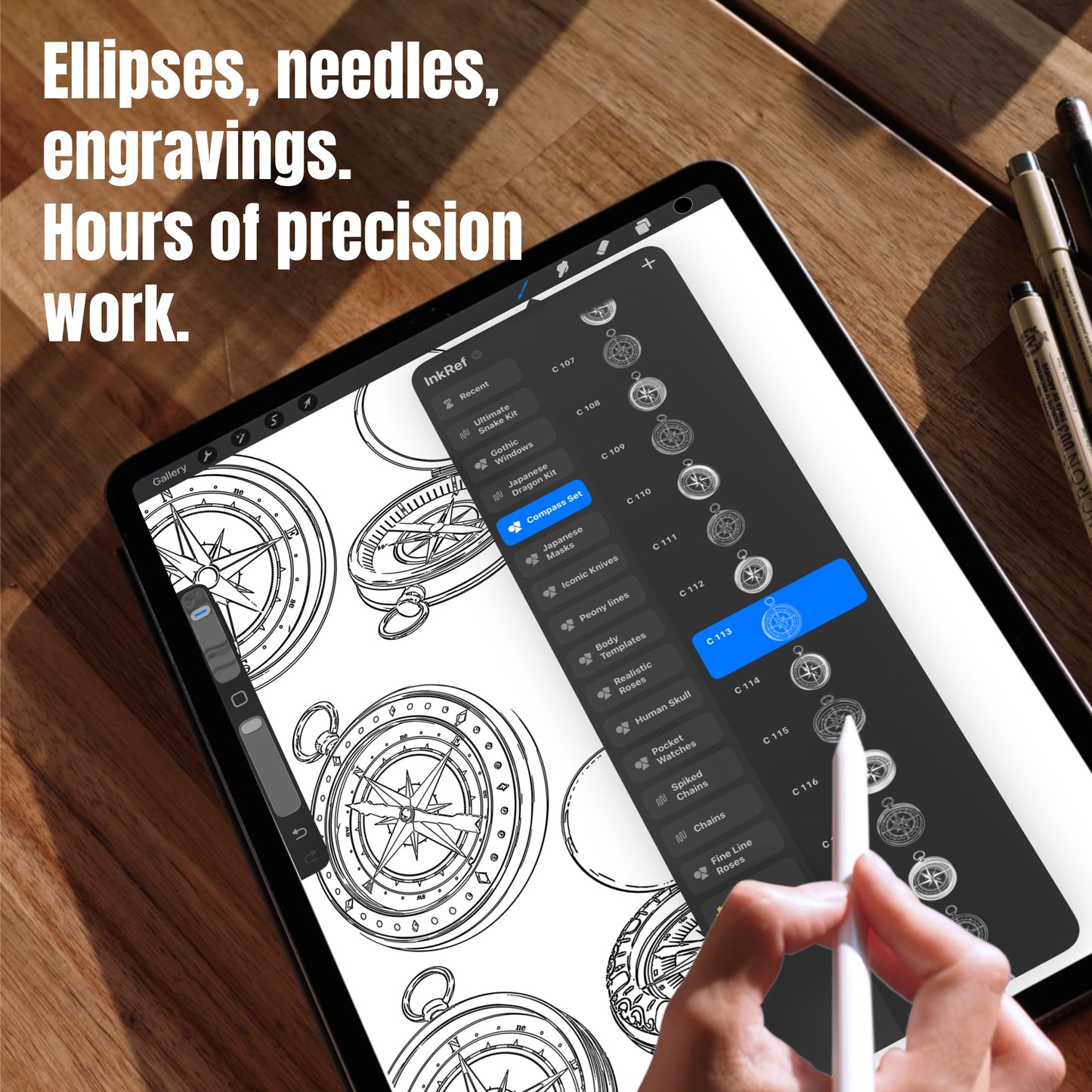Detailed compass references in Procreate with engraved line art and precise needle designs