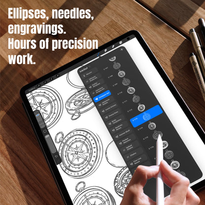 Detailed compass references in Procreate with engraved line art and precise needle designs