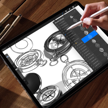 Compass Set Procreate brushes – different compass models drawn from top, side, and open views for tattoo flash and digital art.