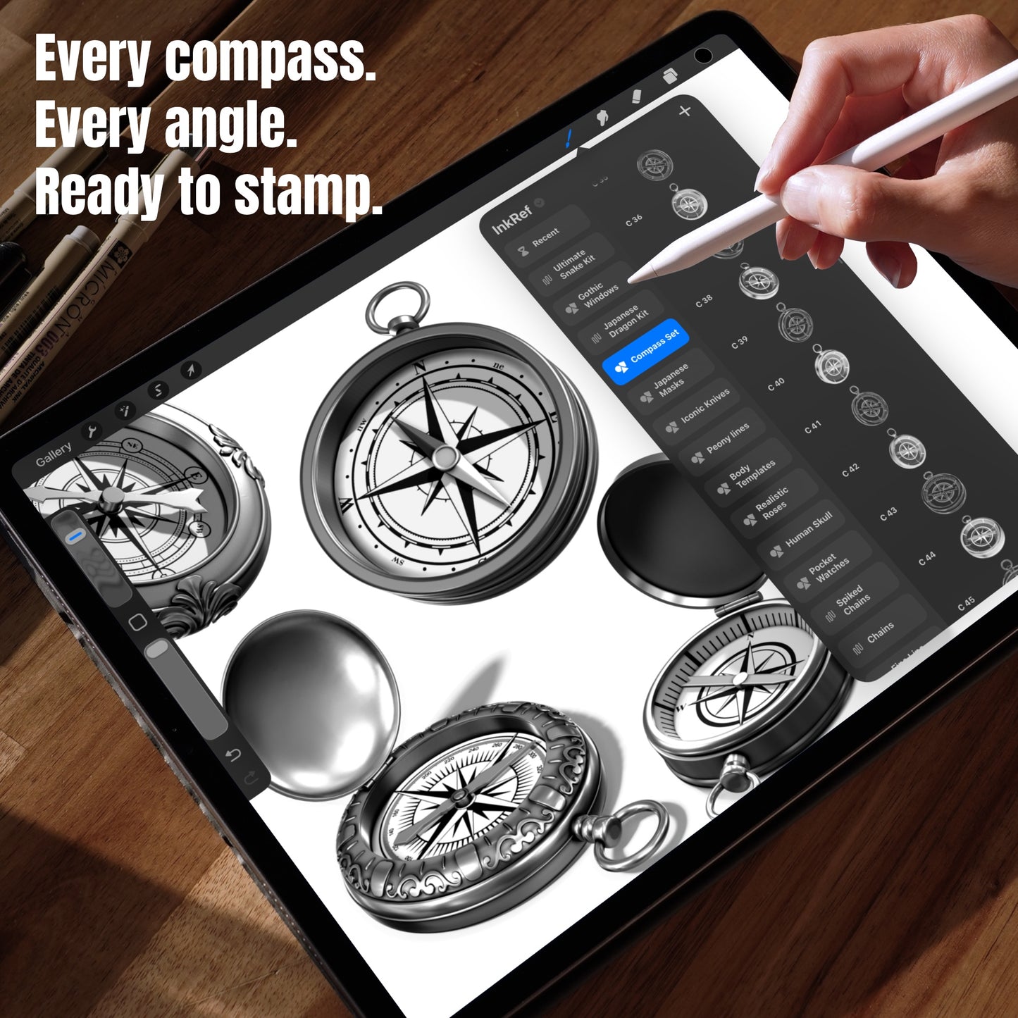 Realistic compass Procreate stamp brushes shown from open closed and angled views