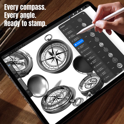 Realistic compass Procreate stamp brushes shown from open closed and angled views